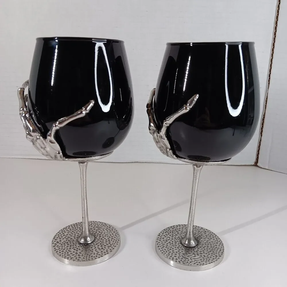 Metal Skeleton Hand Black Glass Goblet Wine Cup Halloween Goth Gothic Spooky